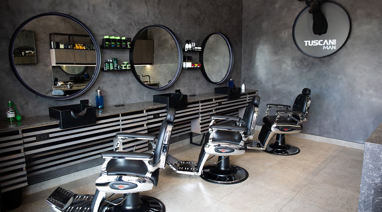 Barber chairs and mirrors at Tuscani Man in Linksfield, Johannesburg